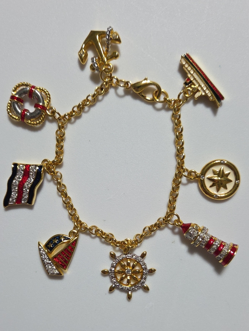 Danbury Mint Nautical Charm Bracelet Gold Tone Ship Compass Lighthouse
